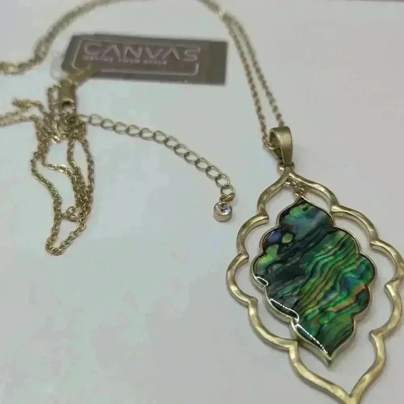 NEW Canvas Goldtone Necklace Pendant Gold Chain Colorful Abalone Shell Reverses - Picture 1 of 7